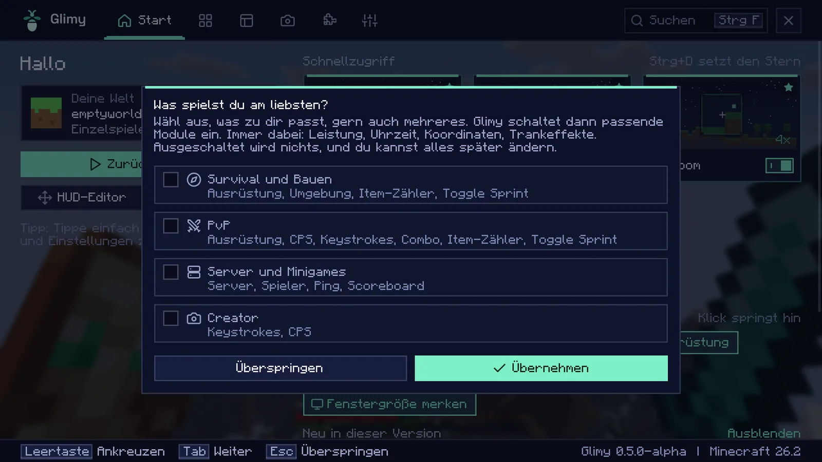 Glimy-Menü im Spiel, Reiter Start: links „Hallo“, die aktuelle Welt und der Knopf „Zurück ins Spiel“, rechts der Schnellzugriff mit Kacheln für Leistung, Keystrokes, Zoom und Toggle Sprint, darunter die gerade eingeschalteten Module.