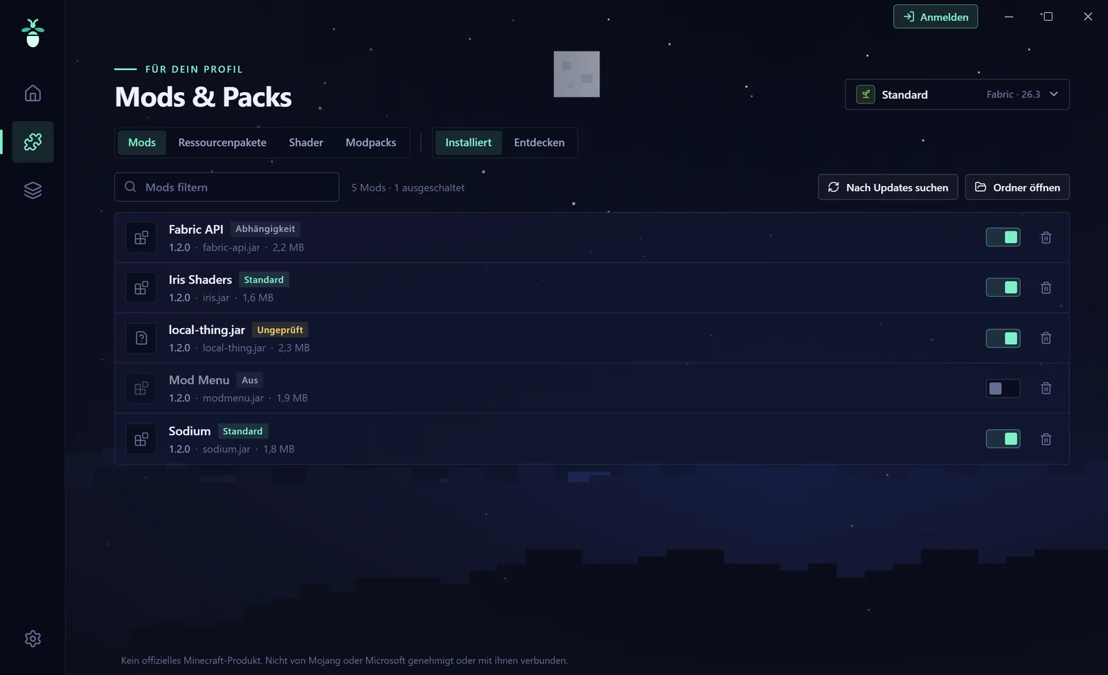Seite „Mods & Packs“ im Glimy Launcher mit installierten Mods, Schaltern zum Ein- und Ausschalten und Knopf „Nach Updates suchen“.